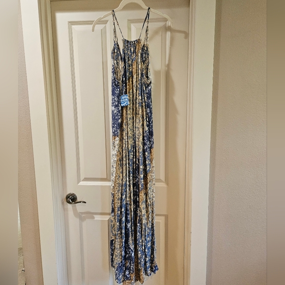 Free People Work Of Art Maxi Slip Dress V Neck Hi Lo Hem Floral Blue Cream M NWT - Picture 14 of 16